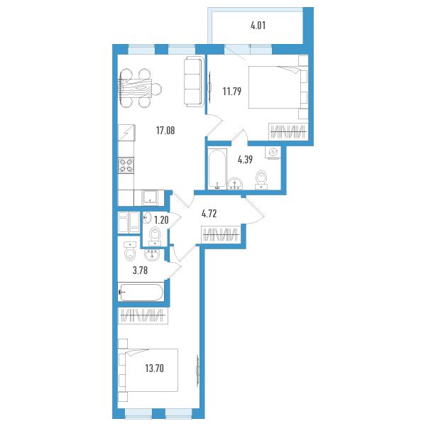 1 комн. квартира, 58.7 м², 12 этаж 