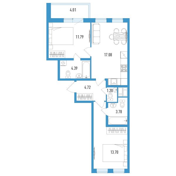 1 комн. квартира, 58.7 м², 6 этаж 