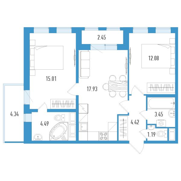 1 комн. квартира, 61.1 м², 12 этаж 