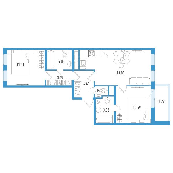1 комн. квартира, 58.8 м², 9 этаж 