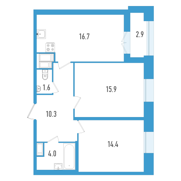 1 комн. квартира, 64.4 м², 13 этаж 