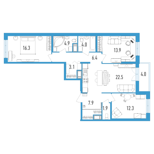2 комн. квартира, 95.2 м², 9 этаж 
