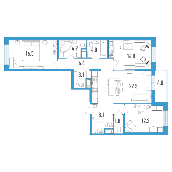 2 комн. квартира, 95.5 м², 18 этаж 