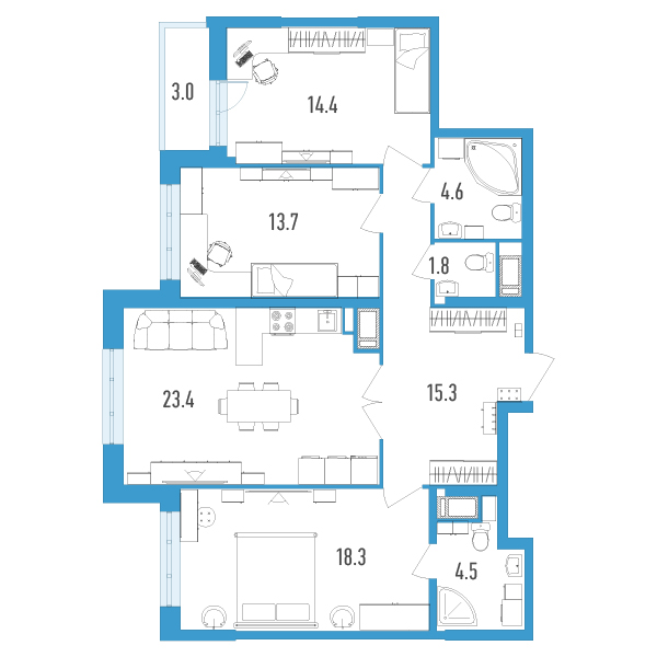 2 комн. квартира, 97.5 м², 8 этаж 