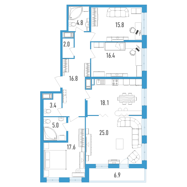 4 комн. квартира, 128.4 м², 6 этаж 