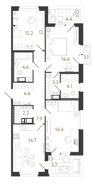 3 комн. квартира, 84.2 м², 7 этаж 