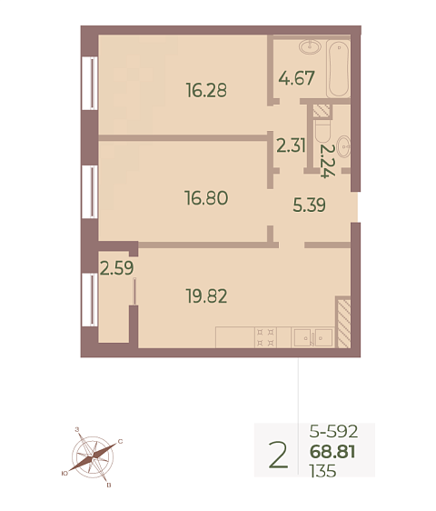 1 комн. квартира, 69.1 м², 9 этаж 