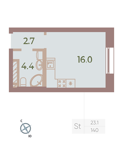 студия, 23.1 м², 9 этаж 