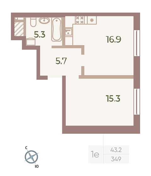 студия, 43.2 м², 9 этаж 