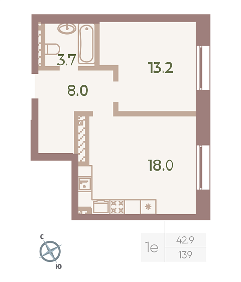 студия, 42.9 м², 9 этаж 