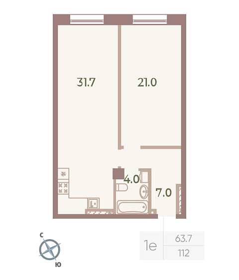 студия, 63.7 м², 6 этаж 