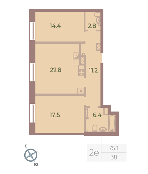 1 комн. квартира, 75.1 м², 6 этаж 
