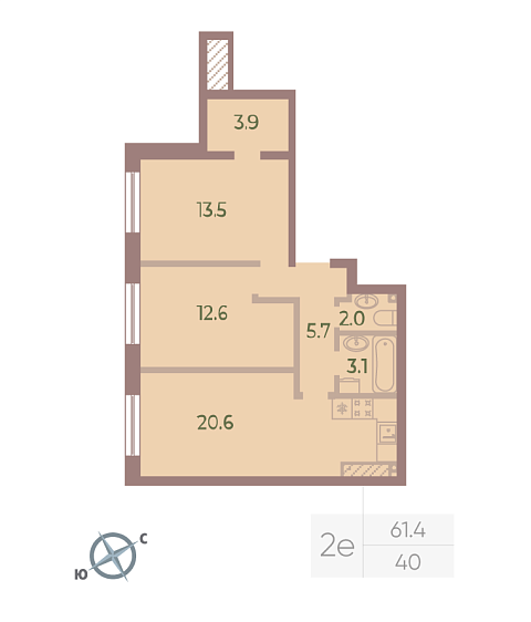 1 комн. квартира, 61.4 м², 9 этаж 
