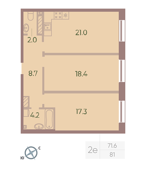 1 комн. квартира, 71.6 м², 8 этаж 