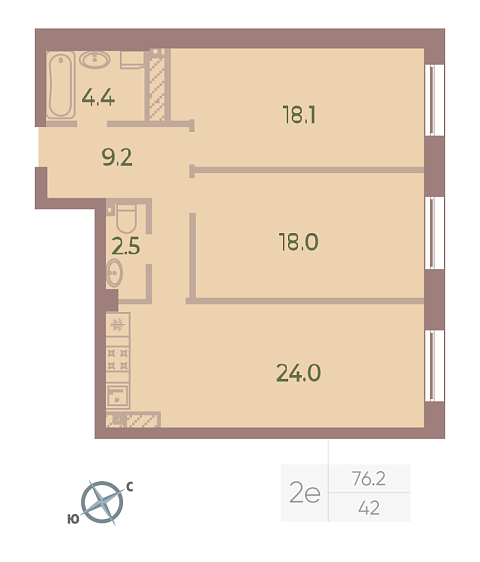 1 комн. квартира, 76.2 м², 9 этаж 