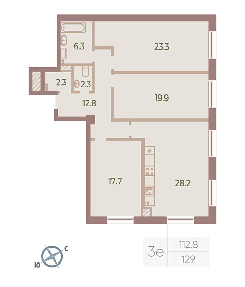 2 комн. квартира, 112.8 м², 7 этаж 