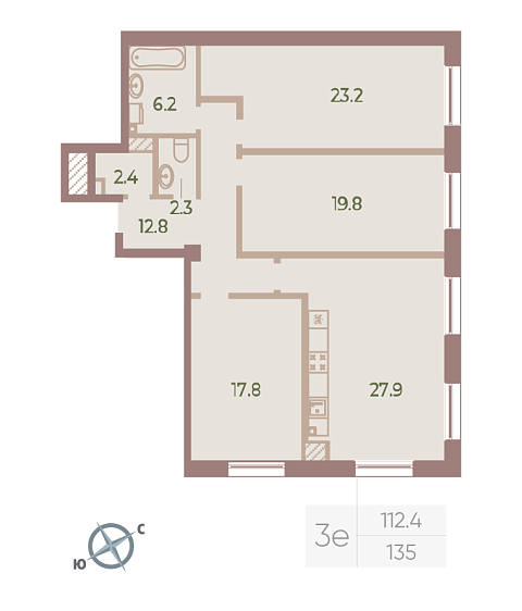 2 комн. квартира, 112.4 м², 8 этаж 