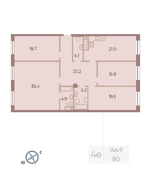 3 комн. квартира, 146.9 м², 8 этаж 