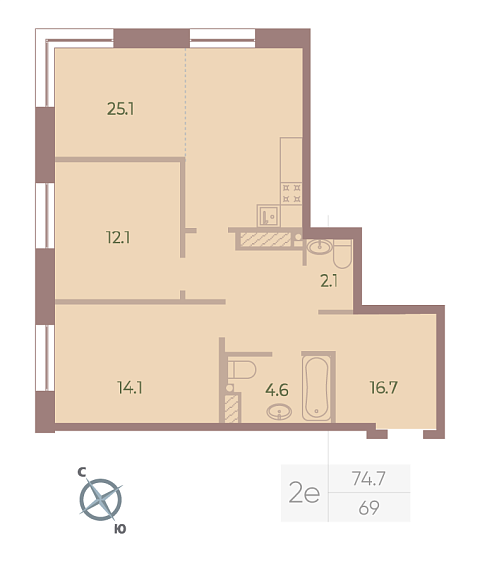 1 комн. квартира, 74.7 м², 9 этаж 