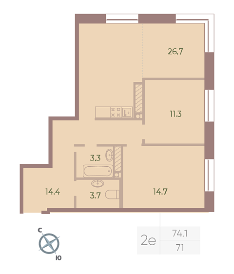 1 комн. квартира, 74.1 м², 9 этаж 
