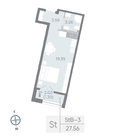 студия, 27.5 м², 7 этаж 