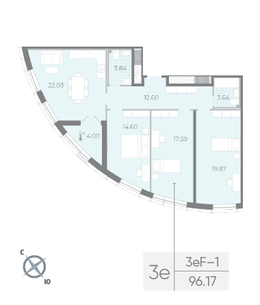 2 комн. квартира, 96.5 м², 12 этаж 