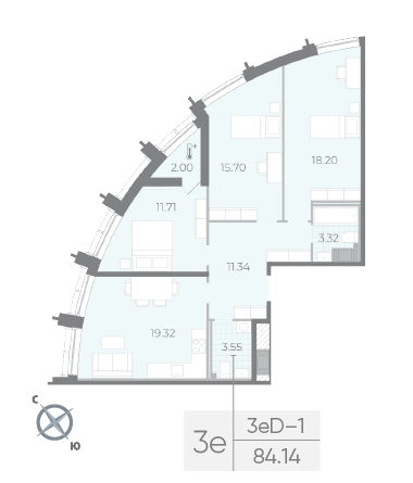 2 комн. квартира, 84.6 м², 14 этаж 