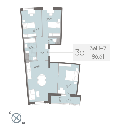 2 комн. квартира, 87.3 м², 14 этаж 