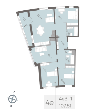 3 комн. квартира, 108 м², 14 этаж 