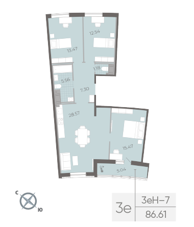 2 комн. квартира, 87.2 м², 14 этаж 