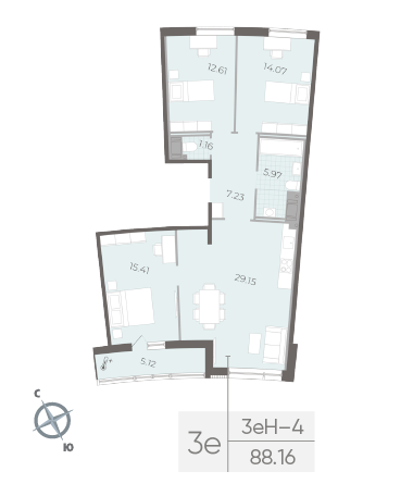 2 комн. квартира, 88.9 м², 14 этаж 