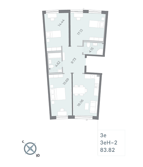 2 комн. квартира, 84 м², 2 этаж 