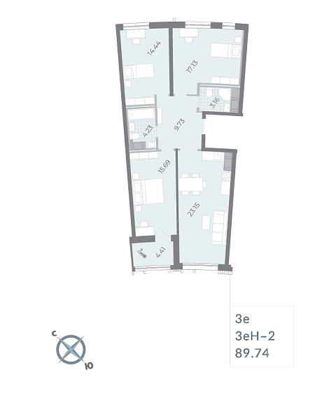 2 комн. квартира, 90 м², 13 этаж 