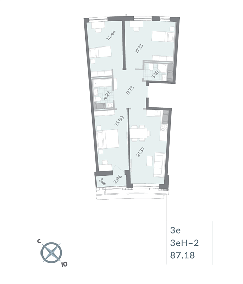 2 комн. квартира, 87.4 м², 14 этаж 