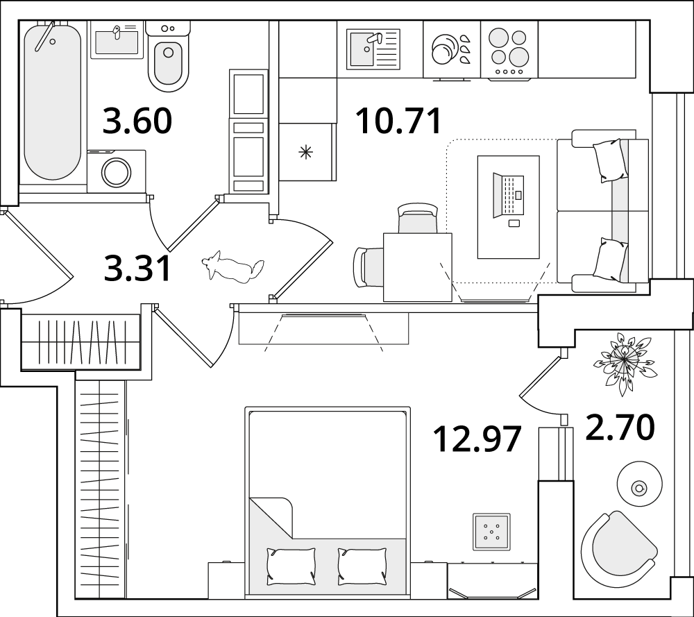 1 комн. квартира, 32.3 м², 16 этаж 
