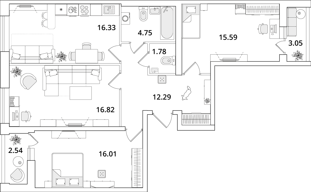 3 комн. квартира, 86.5 м², 2 этаж 