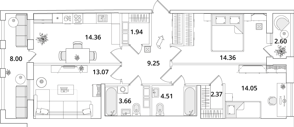 3 комн. квартира, 84.1 м², 16 этаж 
