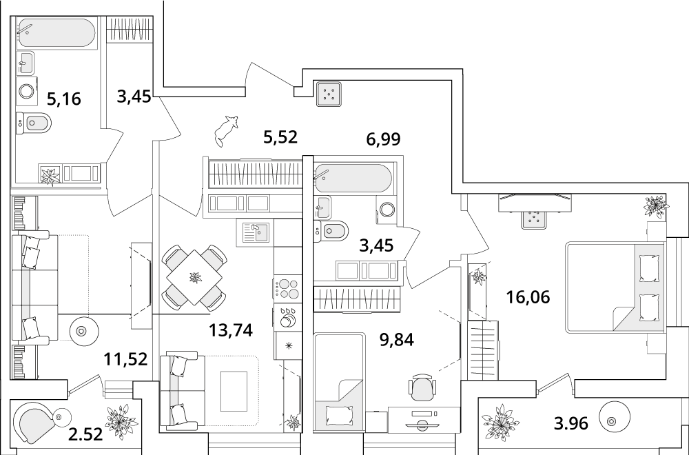 3 комн. квартира, 80.6 м², 16 этаж 