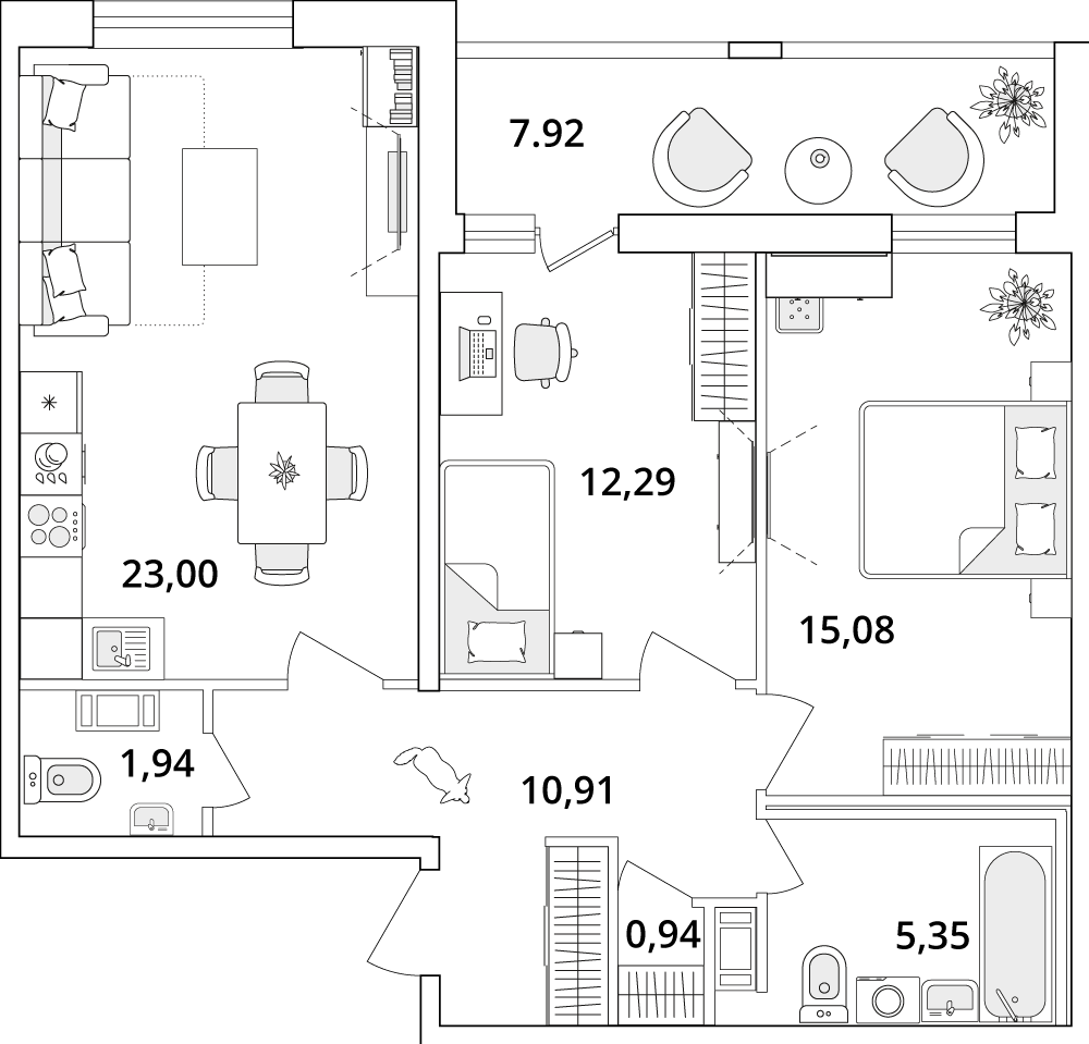 2 комн. квартира, 73.6 м², 2 этаж 