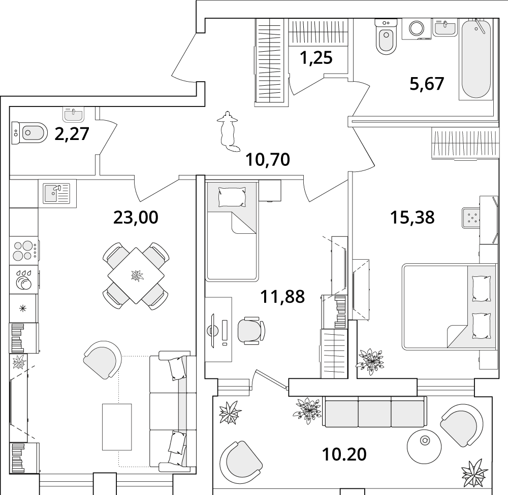2 комн. квартира, 75.1 м², 2 этаж 