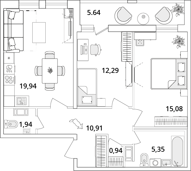 2 комн. квартира, 69.5 м², 7 этаж 