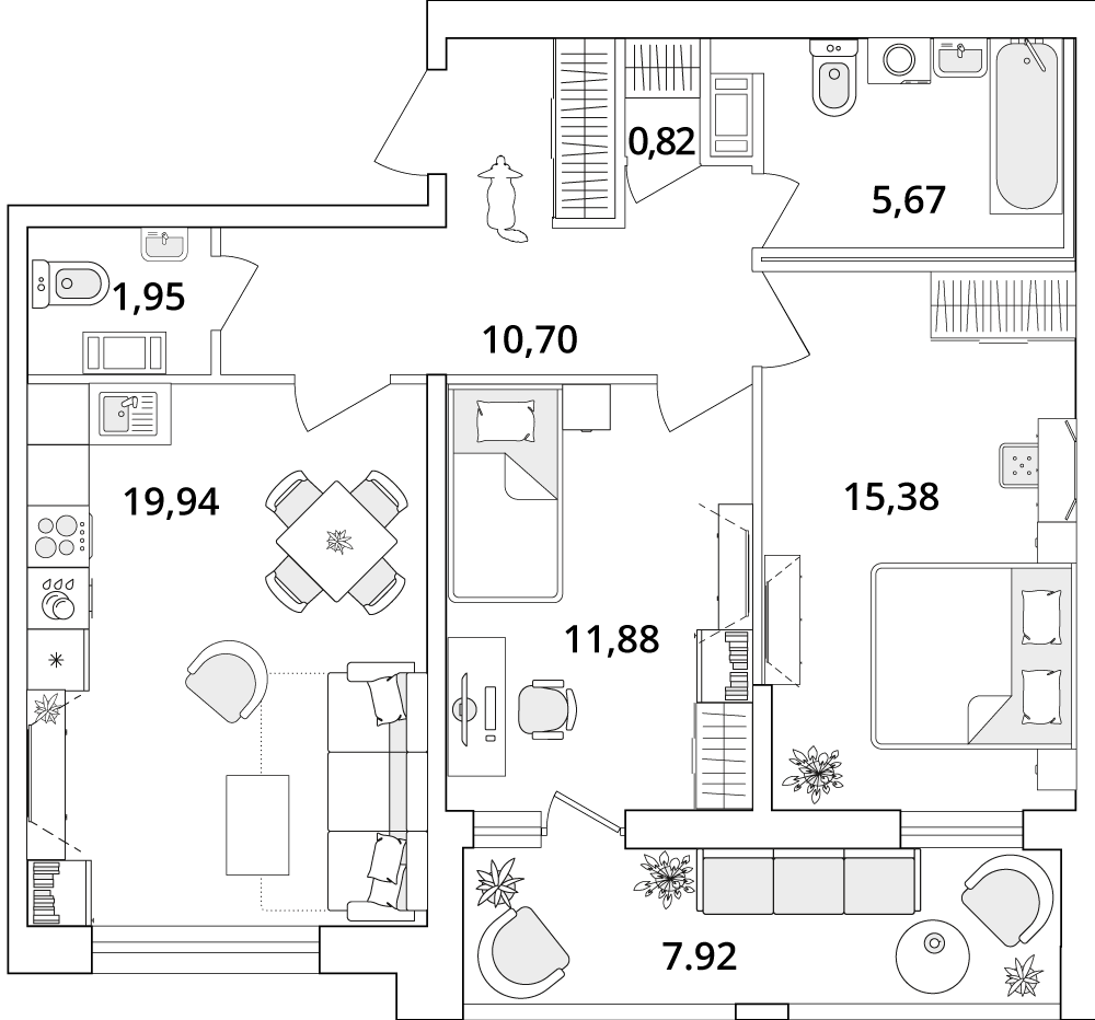 2 комн. квартира, 70.7 м², 7 этаж 