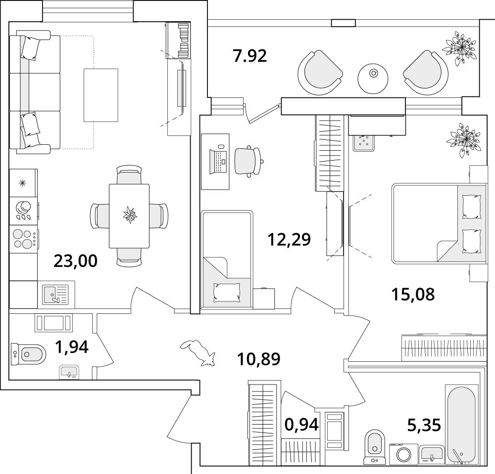 2 комн. квартира, 73.6 м², 5 этаж 