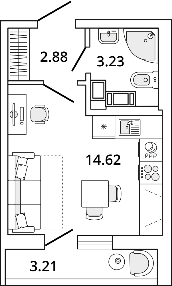 студия, 22.3 м², 13 этаж 
