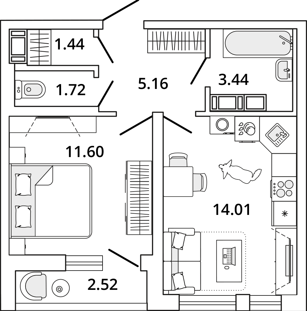 1 комн. квартира, 38.6 м², 14 этаж 