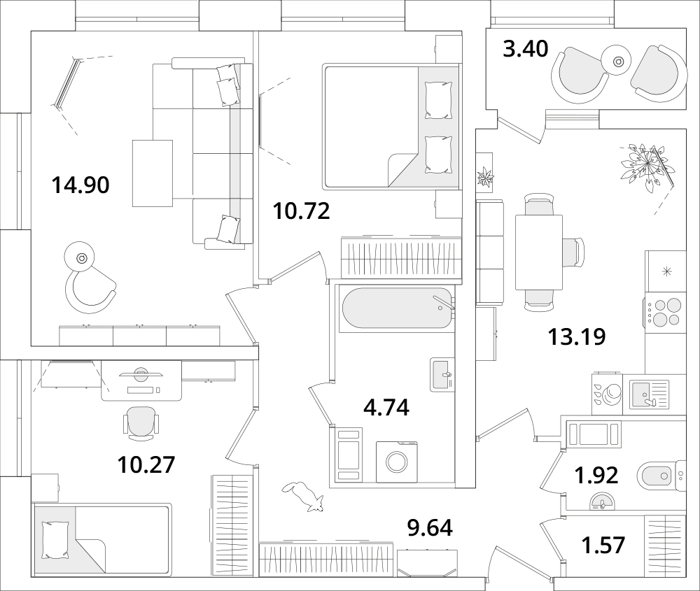 3 комн. квартира, 68.2 м², 2 этаж 
