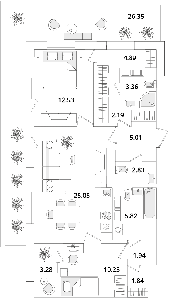 2 комн. квартира, 84.9 м², 19 этаж 
