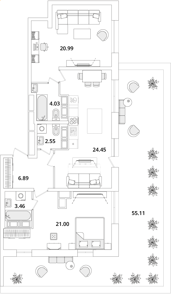 2 комн. квартира, 99.5 м², 16 этаж 