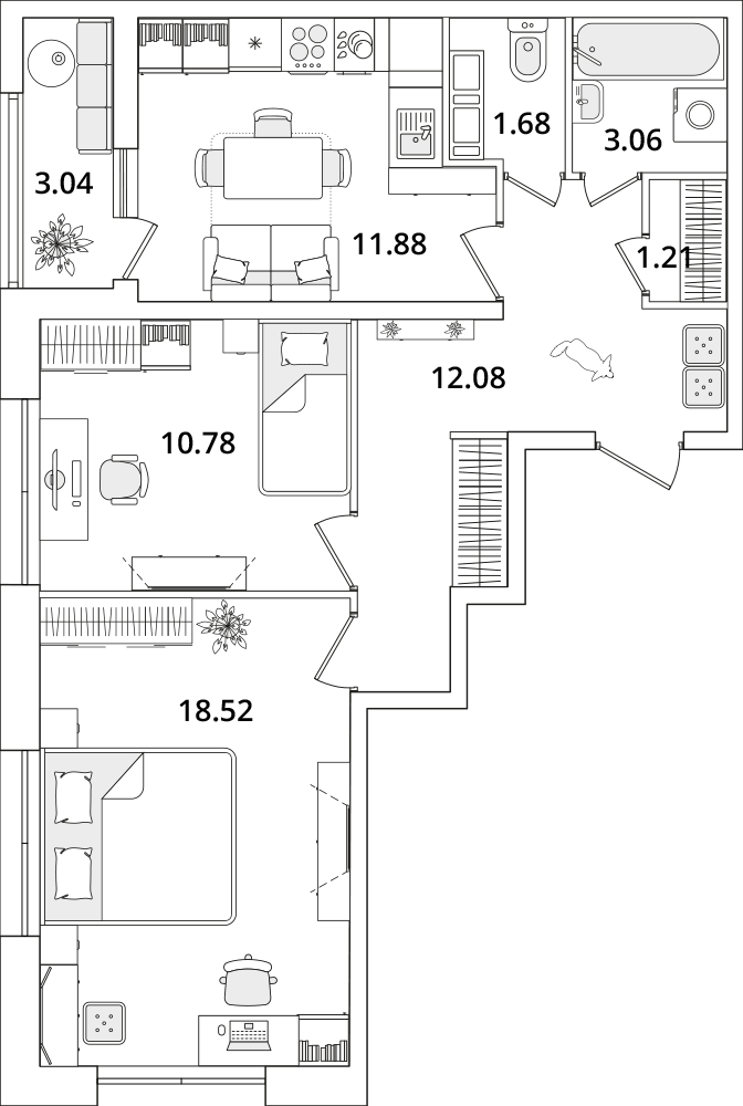2 комн. квартира, 61 м², 16 этаж 
