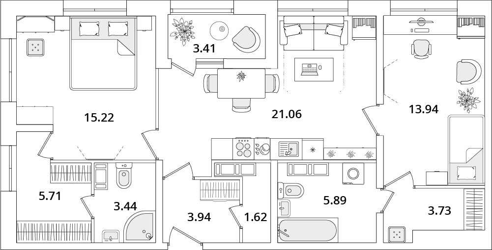 2 комн. квартира, 76.1 м², 22 этаж 
